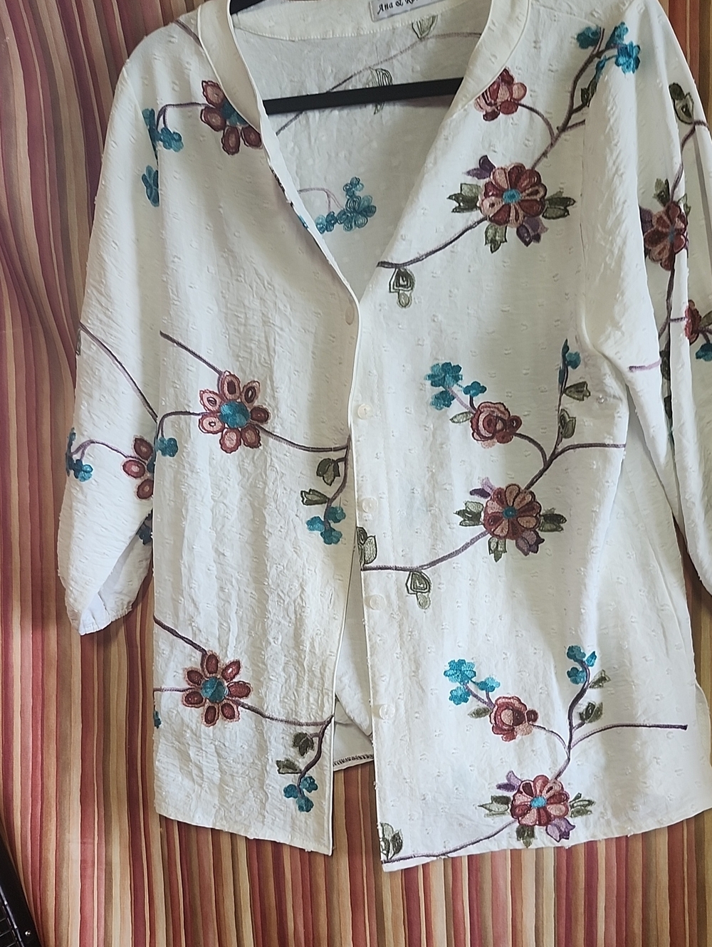 Embroidered Floral Button-Front Blouse - White with Teal & Brown Accents